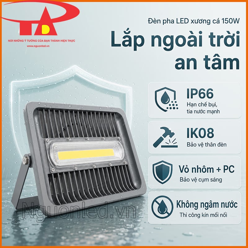 Đèn pha LED xương cá 150W lắp ngoài trời với IP66, IK08, vỏ nhôm và mặt nạ PC