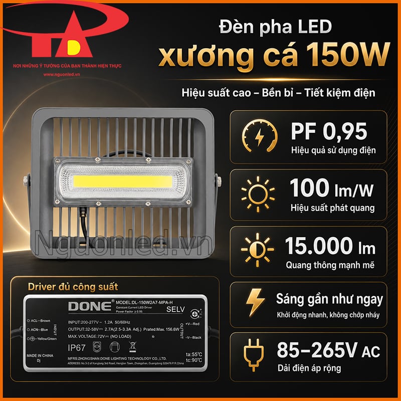 Đèn pha LED xương cá 150W với driver đủ công suất, PF 0,95 và 15.000 lm
