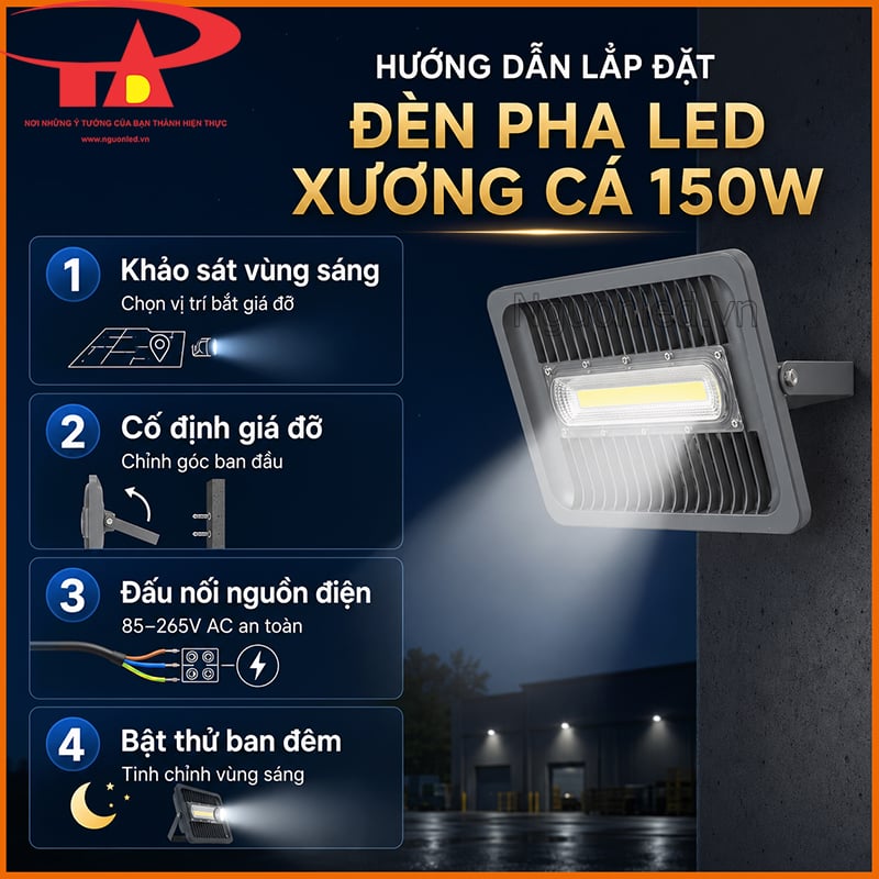 Hướng dẫn lắp đặt đèn pha LED xương cá 150W theo 4 bước kỹ thuật 