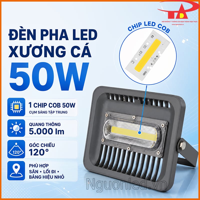 Đèn pha LED COB 50W xương cá với 1 chip COB, 5.000 lm và góc chiếu 120°