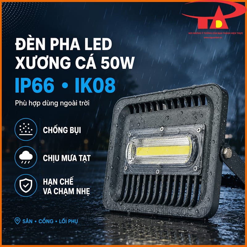 Đèn pha xương cá 50W đạt IP66 IK08, chống bụi, chịu mưa tạt và va chạm nhẹ