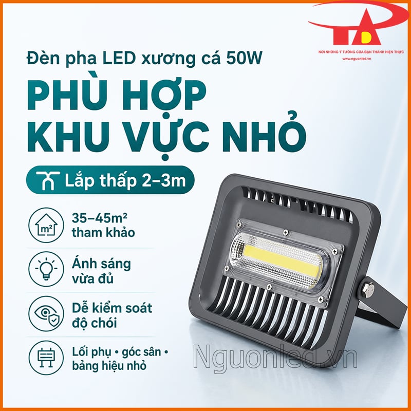 Đèn pha LED xương cá 50W phù hợp khu vực nhỏ, lắp thấp 2–3m và vùng 35–45m²
