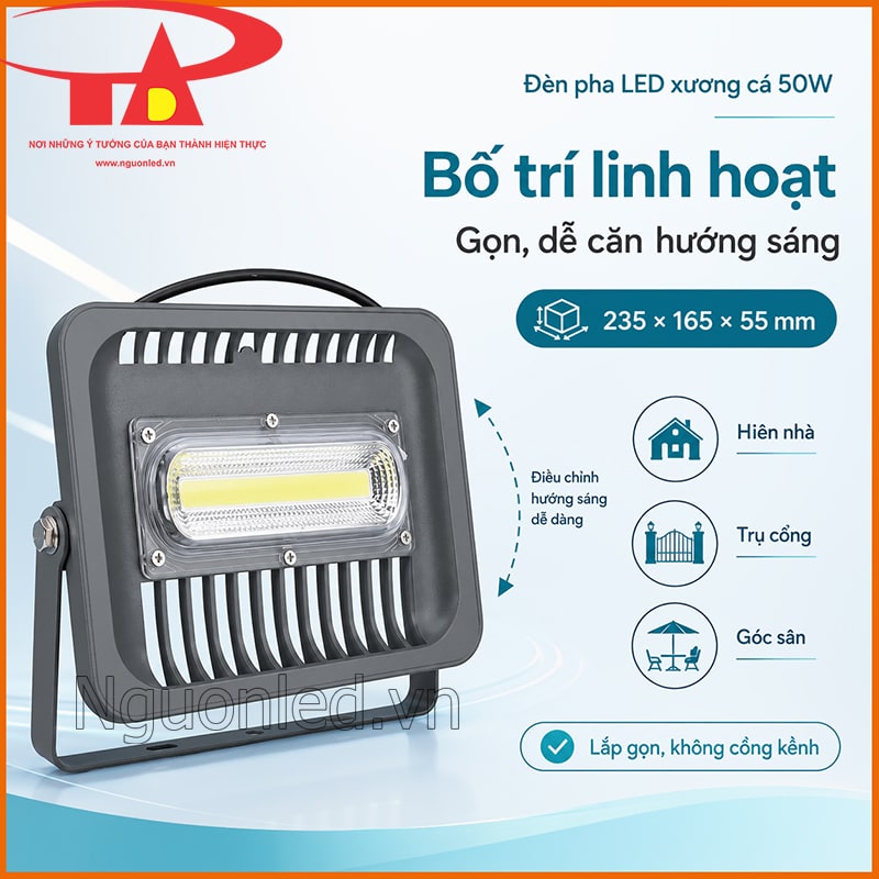 Đèn pha LED xương cá 50W kích thước 235 × 165 × 55 mm với giá đỡ chỉnh hướng