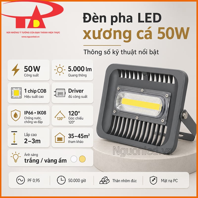 Đèn pha LED xương cá 50W với thông số 50W, 5.000 lm, 1 chip COB và IP66