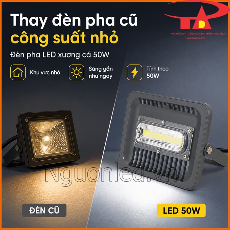 Đèn pha LED xương cá 50W thay đèn pha cũ công suất nhỏ cho khu vực gần