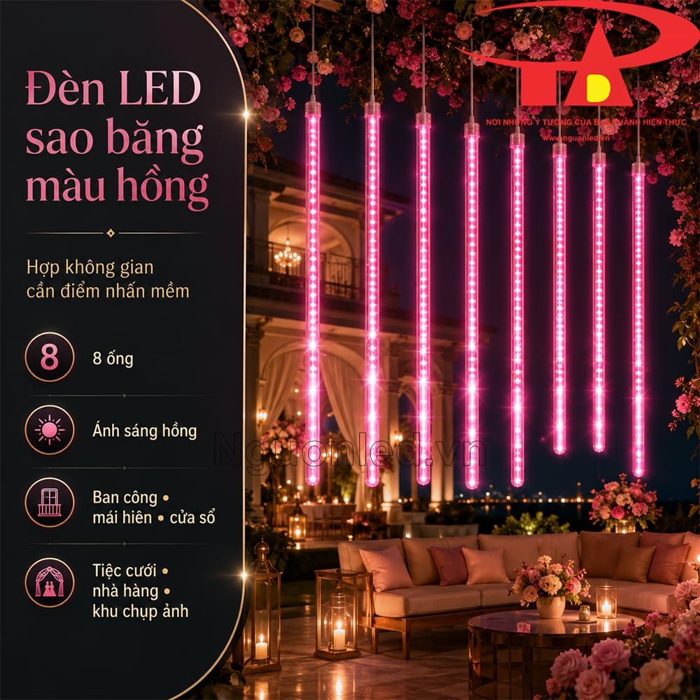 Đèn LED sao băng ánh sáng hồng với vệt sáng rơi dọc, hợp treo cây, mái hiên và mặt tiền buổi tối
