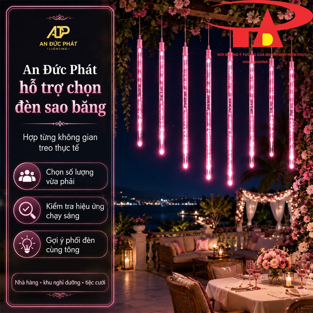 Đèn LED sao băng hồng trang trí khu bàn ngoài trời của quán cafe vào buổi tối