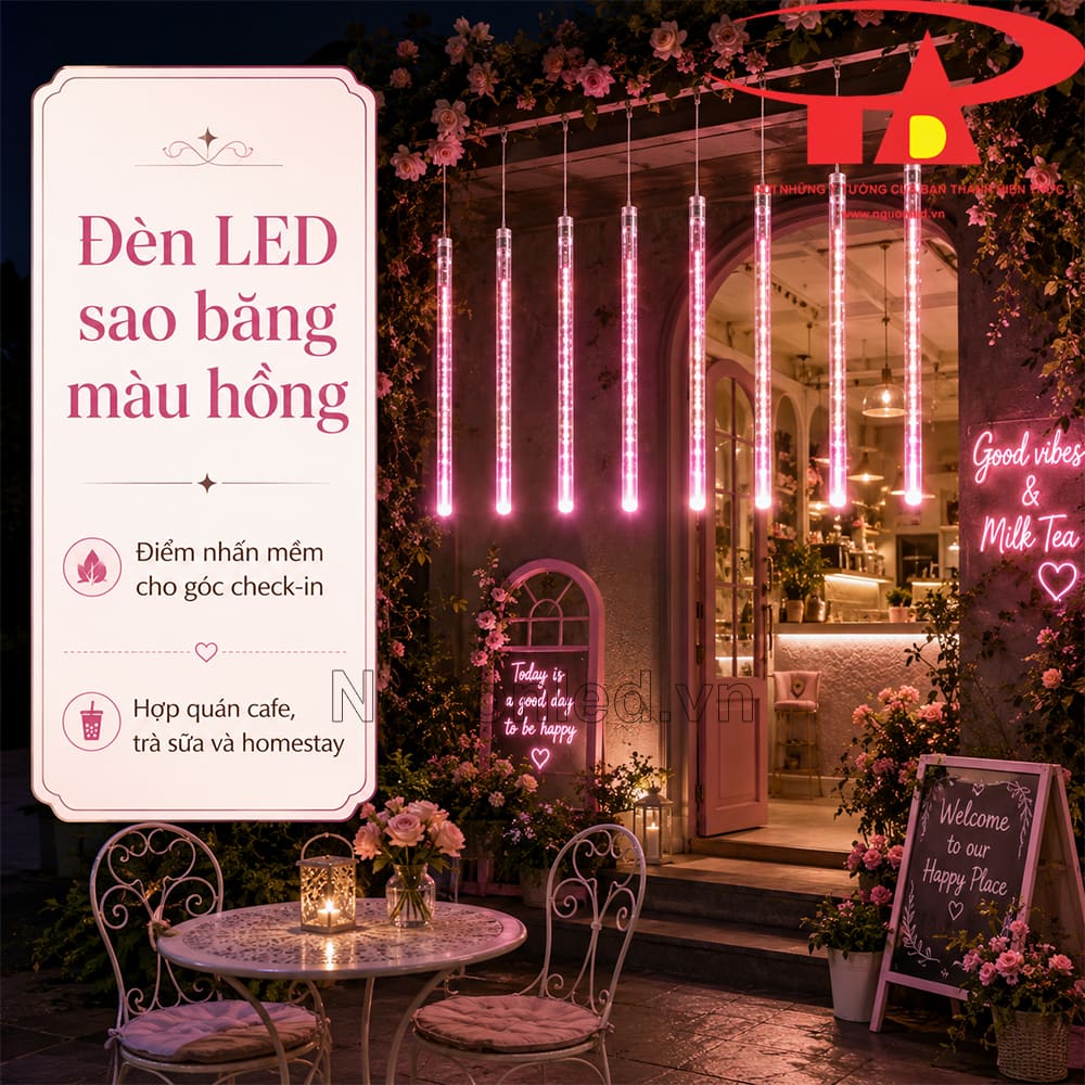 Đèn LED sao băng màu hồng dùng ngoài trời, tạo dải sáng rơi dọc trên cây, khung cổng và ban công