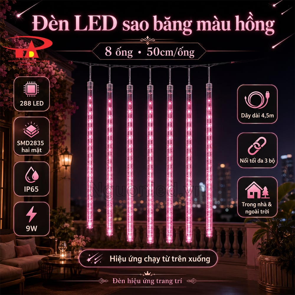 Đèn LED sao băng màu hồng giá rẻ dùng trang trí cây xanh, ban công, mái hiên và sân vườn ngoài trời