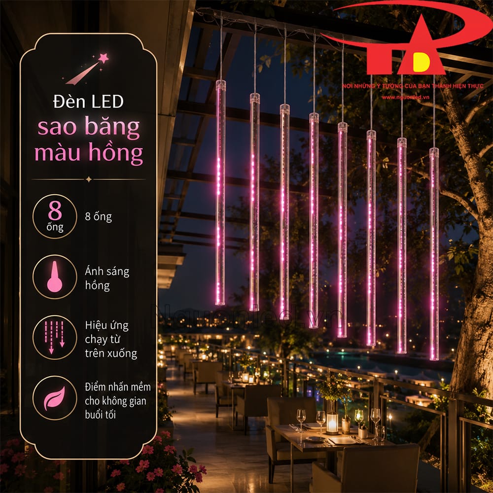 Đèn LED sao băng màu hồng giá tốt tạo hiệu ứng mưa rơi cho cổng nhà, quán cafe và ban công