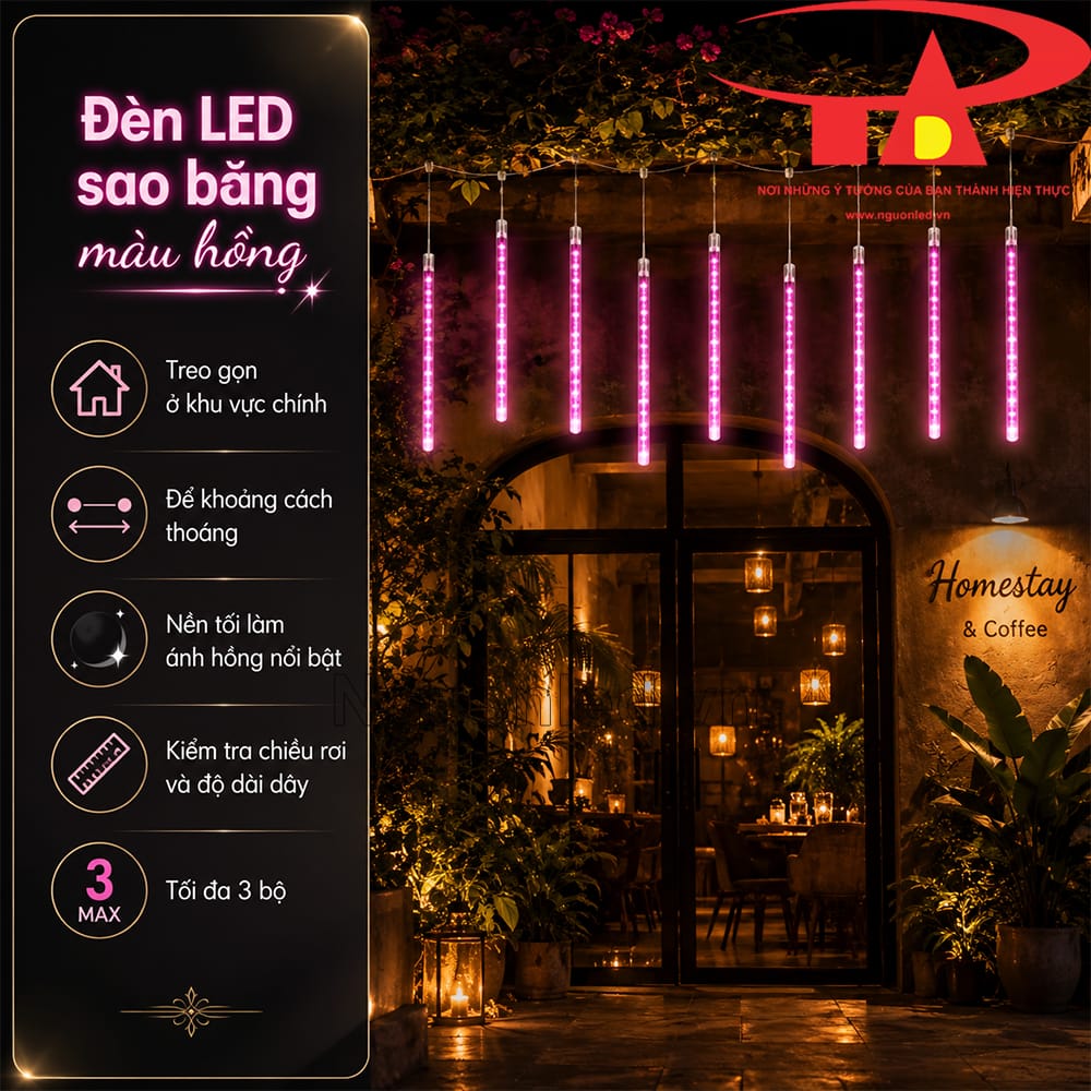Đèn sao băng hồng treo trên cây trước quán, ánh sáng rơi xuống nổi nhẹ trên nền lá