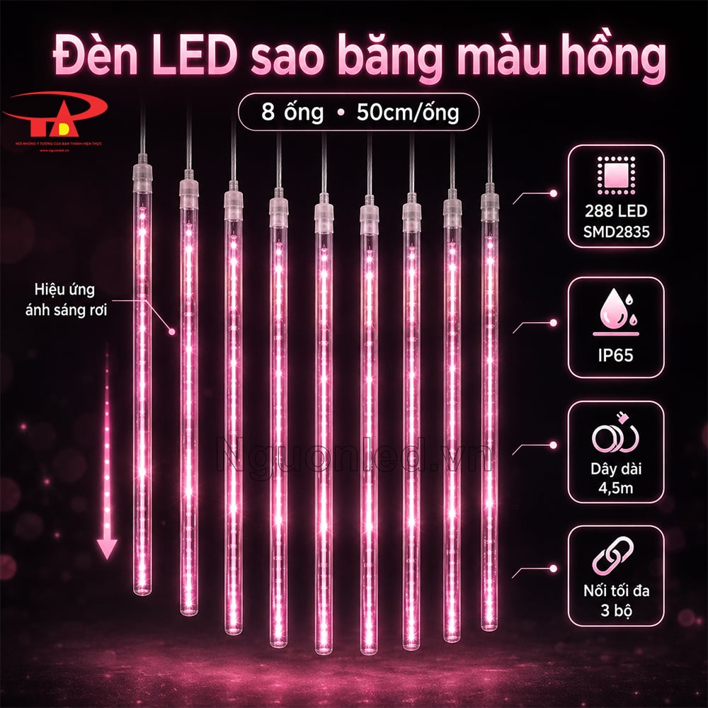 Đèn LED sao băng hồng IP65 treo ngoài trời, dây bọc PVC và ống thả sáng màu hồng