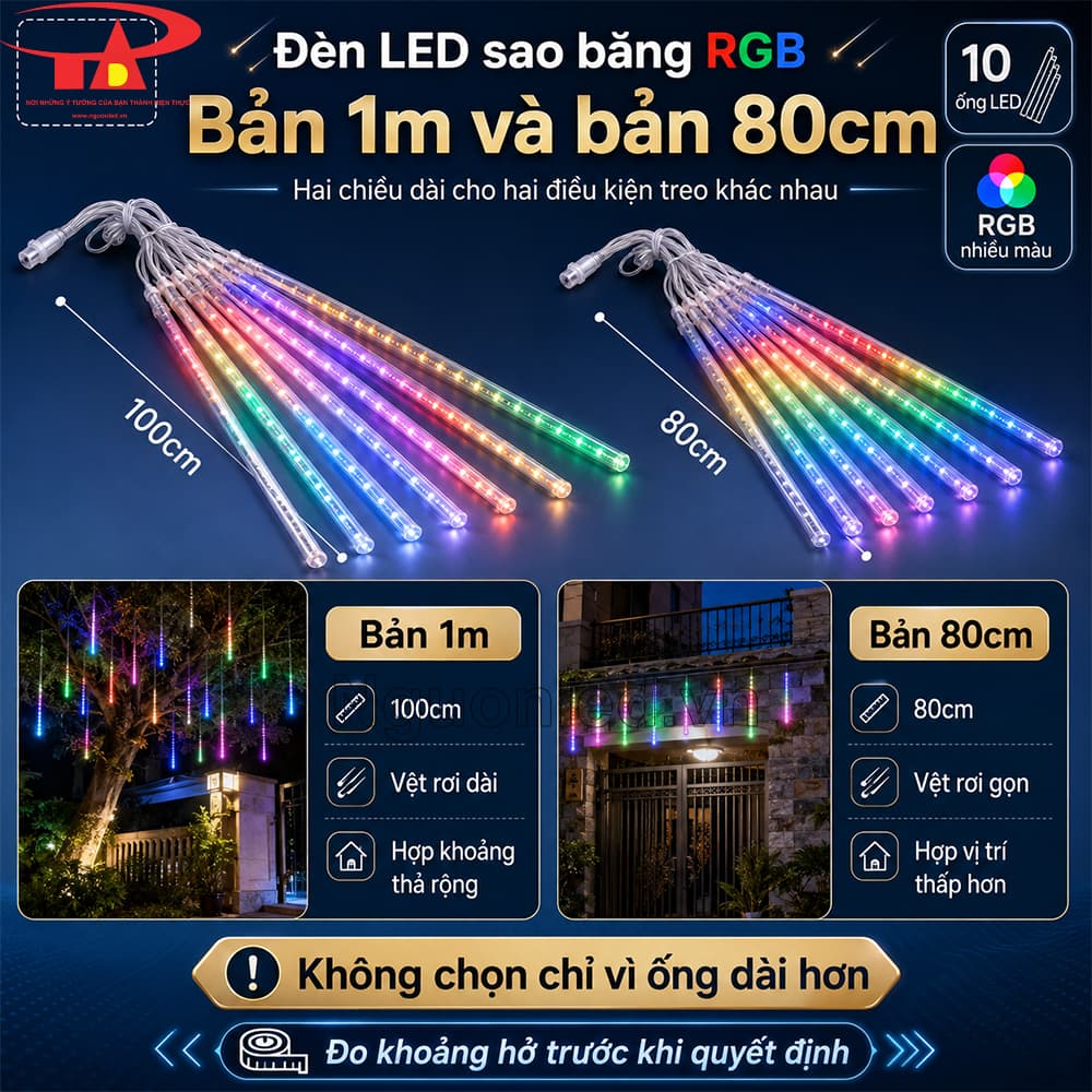 Đèn LED mưa sao băng RGB dài 1m tạo dải sáng nhiều màu rơi theo chiều dọc trong không gian buổi tối.