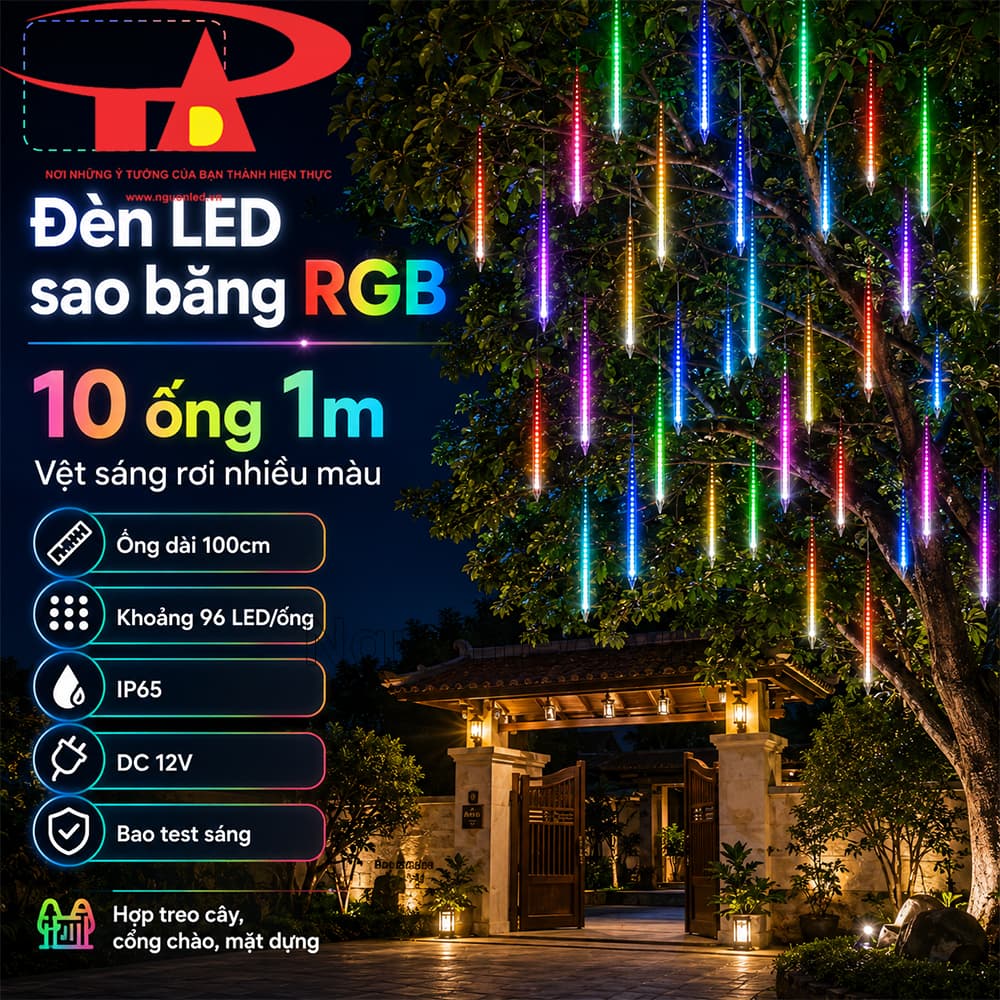 Đèn LED sao băng RGB dài 1m tạo các vệt sáng rơi nhiều màu, dùng làm điểm nhấn trang trí ngoài trời vào buổi tối.