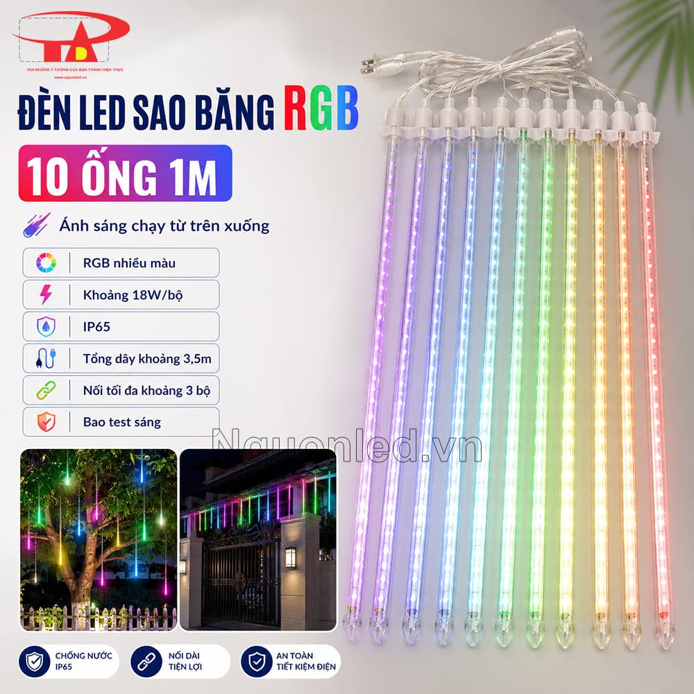 Đèn LED sao băng nhiều màu dài 1m treo thả theo chiều dọc, tạo chuyển động ánh sáng cho cây và sân vườn.