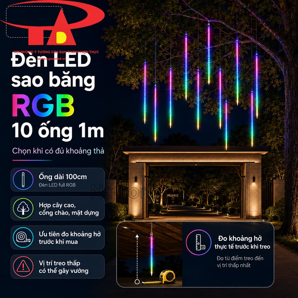 Đèn LED sao băng RGB 1m đổi màu liên tục, phù hợp tạo điểm nhấn chuyển động cho khu vực treo cao.