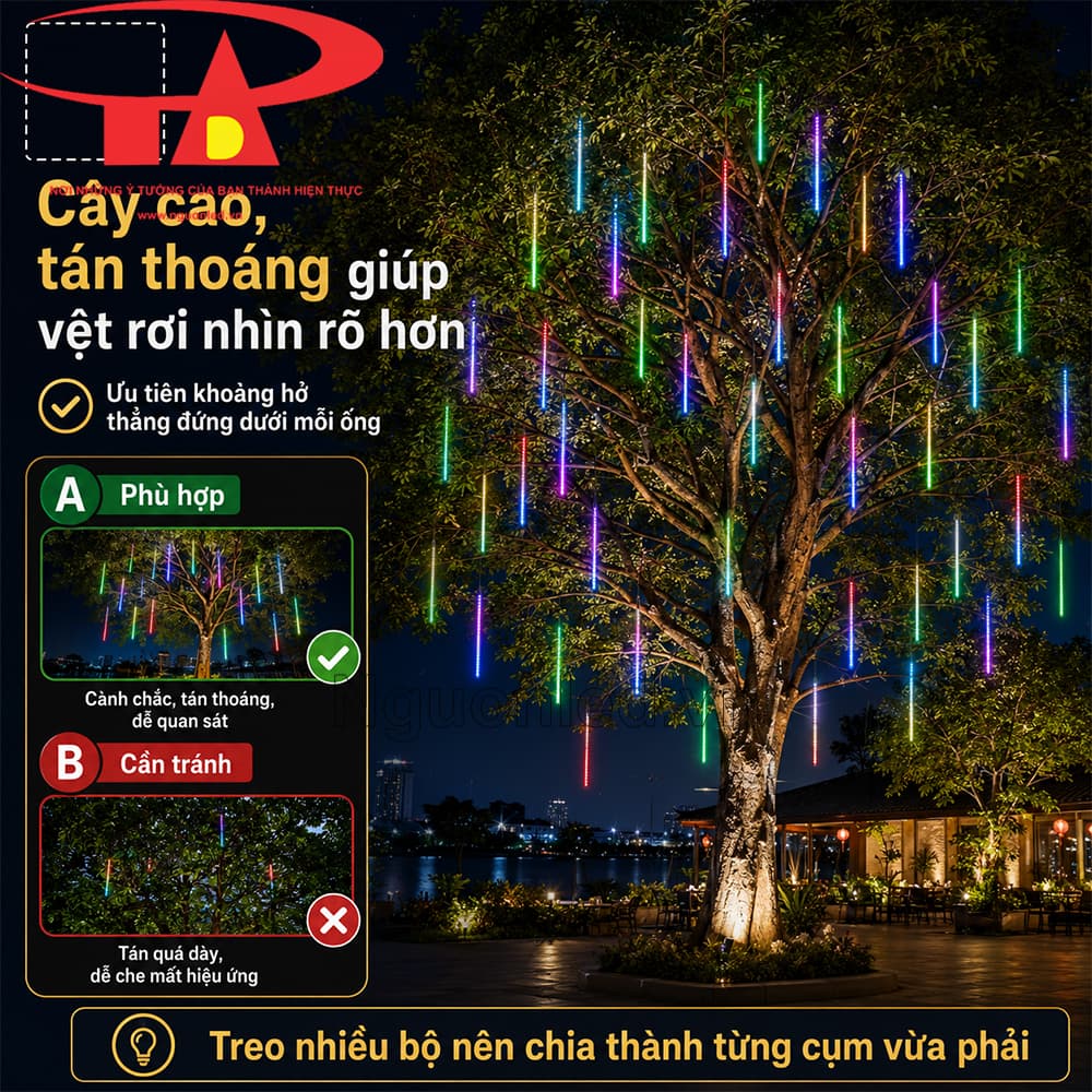 Đèn LED sao băng RGB dài 1m loại tốt dùng treo cây và sân vườn, tạo hiệu ứng ánh sáng đổi màu rõ vào ban đêm.