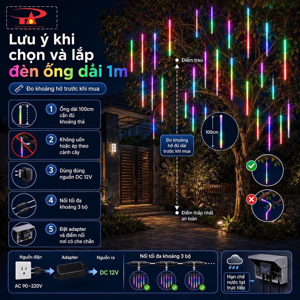 Đèn LED sao băng RGB dài 1m dùng ngoài trời; phần ống và dây cần đúng cấp bảo vệ, nguồn điện vẫn phải che chắn.