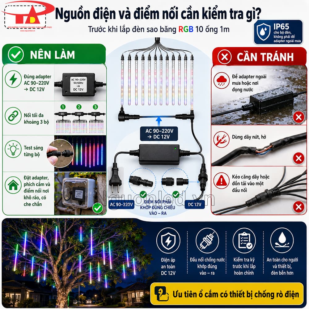 Đèn LED sao băng RGB dài 1m dùng ngoài trời tại cây xanh, sân vườn và cổng chào, tạo hiệu ứng sáng rơi.