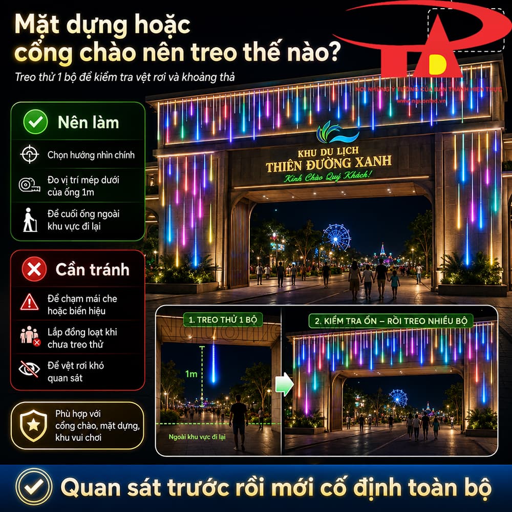 Đèn LED sao băng RGB dài 1m giá rẻ dùng trang trí ngoài trời với hiệu ứng rơi nhiều màu, phù hợp cây xanh và mặt tiền.