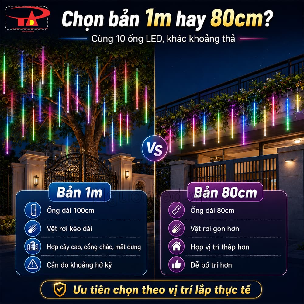 Đèn sao băng 7 màu dài 1m tạo hiệu ứng ánh sáng rơi nổi bật trên cây xanh, cổng nhà và khu vực lối vào.