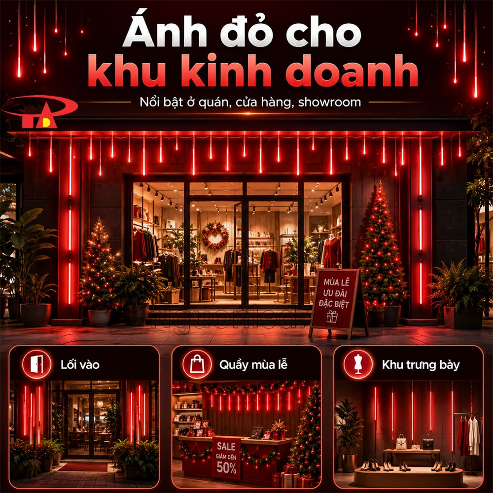 Đèn LED sao băng đỏ trang trí mặt tiền cửa hàng, dễ thu hút ánh nhìn từ xa