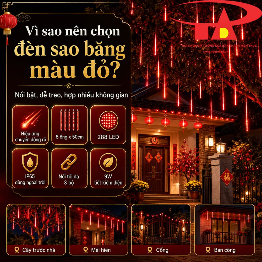 Đèn LED sao băng đỏ trang trí quán cafe, tạo điểm nhìn ở khu vực lối vào