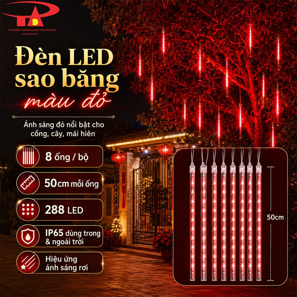 Đèn LED sao băng màu đỏ ống dài 50cm, ánh sáng chạy từ trên xuống