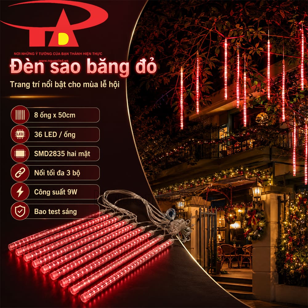 Đèn LED sao băng màu đỏ 8 ống treo trang trí cổng nhà và sân vườn