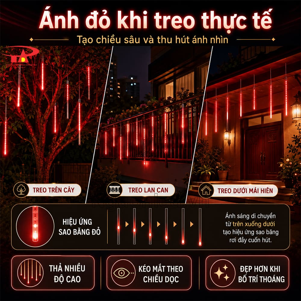 Đèn mưa sao băng màu đỏ với hiệu ứng ánh sáng chạy dọc từng ống
