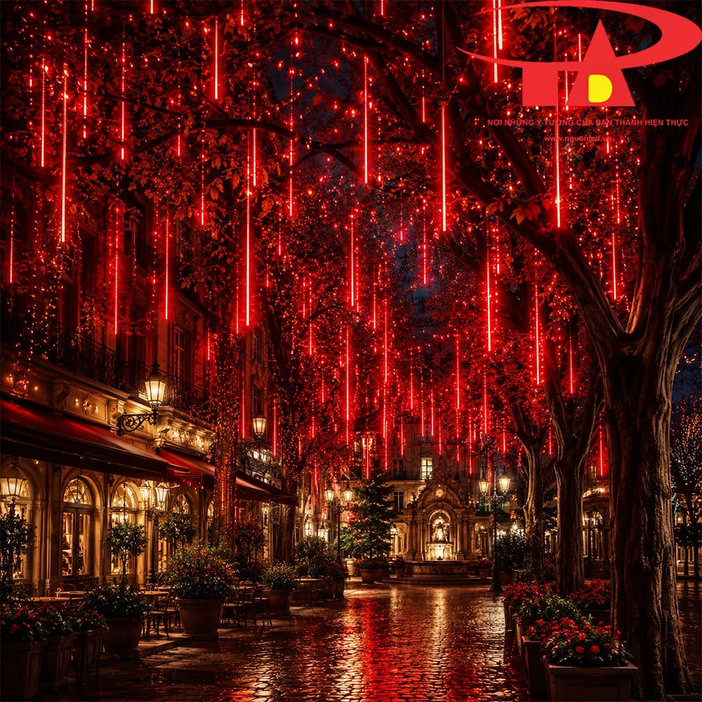 Đèn sao băng đỏ treo cây thông Noel, tạo sắc đỏ ấm cho mùa lễ