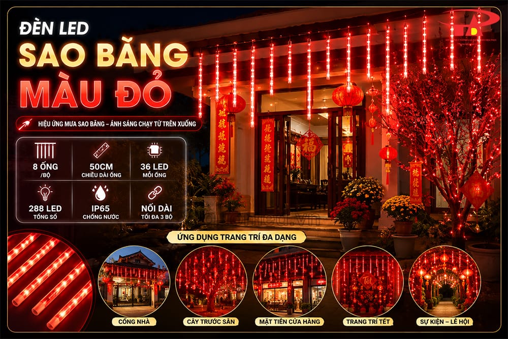 Đèn sao băng đỏ trang trí Noel, phù hợp cây thông, mái hiên và khung cửa