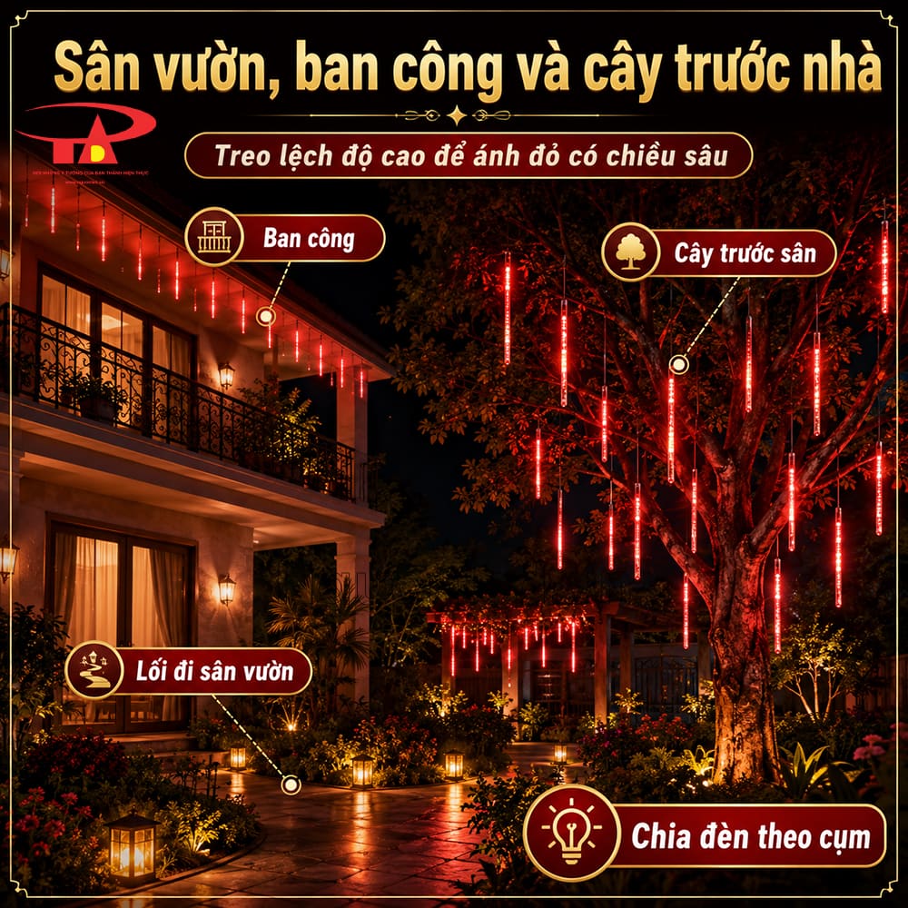 LED sao băng đỏ 8 ống 50cm, phù hợp trang trí trong nhà và ngoài trời