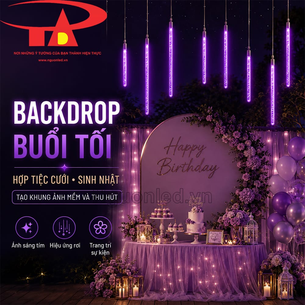 Đèn LED sao băng màu tím 8 ống 50cm treo sau backdrop tiệc cưới, ánh sáng rơi làm nền