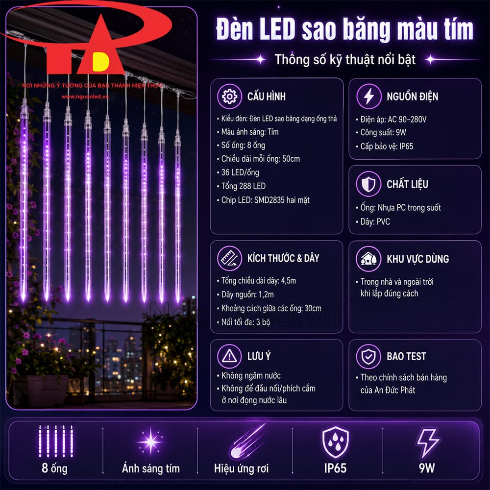 Bộ 8 ống LED sao băng màu tím phát sáng rõ trên nền chụp sẫm, dây và ống bố trí gọn