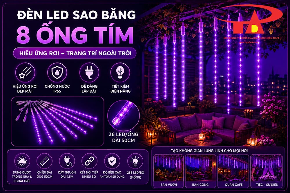 Đèn LED sao băng màu tím tạo ánh sáng rơi dọc ống, hợp trang trí không gian buổi tối