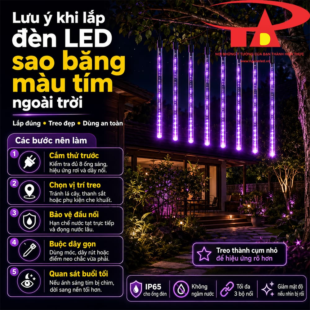 Lưu ý khi lắp đèn LED sao băng màu tím ngoài trời