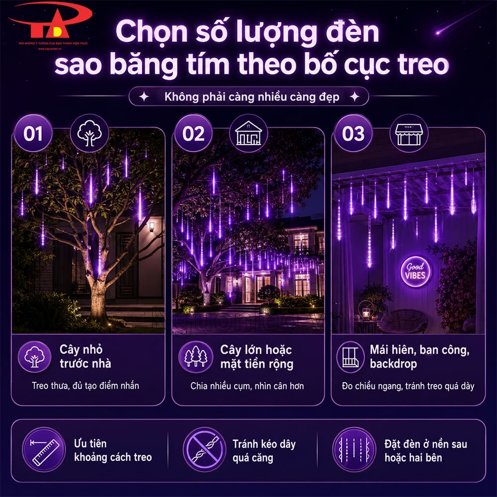 Đèn LED sao băng màu tím giá tốt cho cây xanh, ban công, sân vườn và quán cafe buổi tối