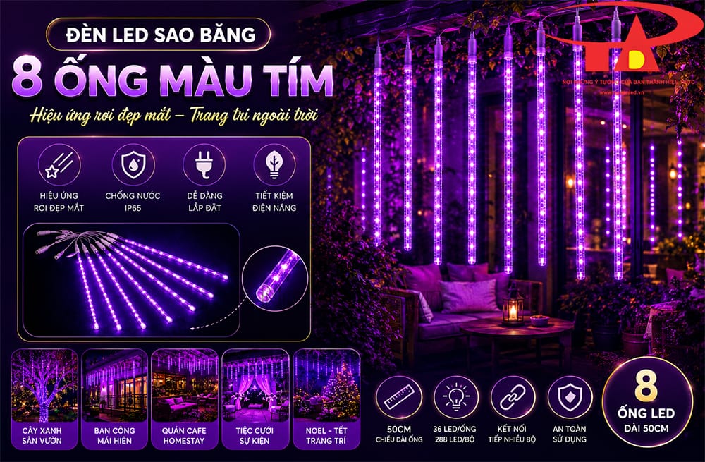 Đèn LED sao băng màu tím cho homestay, treo ở hiên nhà và sân nhỏ để tạo ánh sáng dịu
