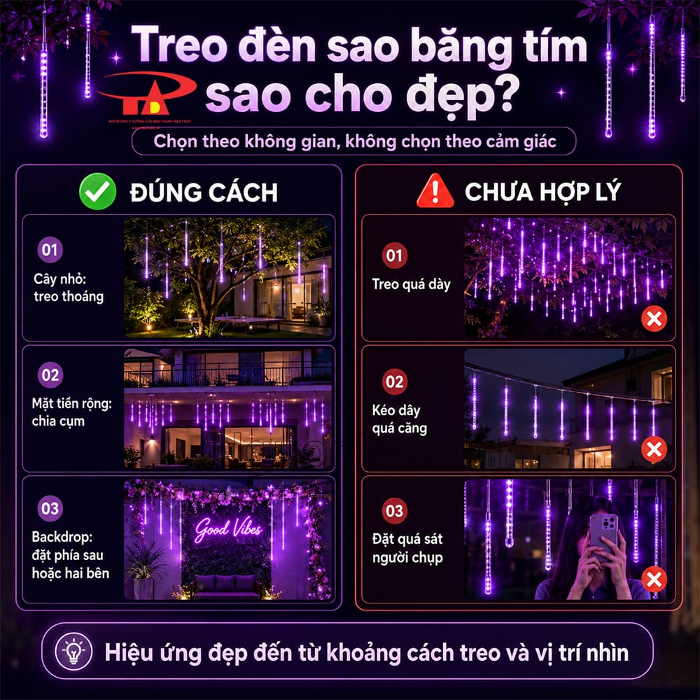 Đèn LED sao băng màu tím loại tốt, ống trong suốt phát ánh sáng rơi đều khi treo trang trí