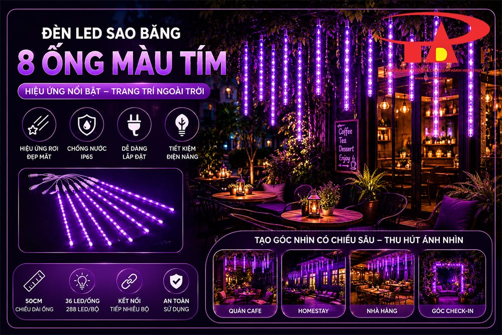 Đèn LED sao băng màu tím 8 ống 50cm trang trí hiên homestay, ánh sáng tím thả xuống mềm
