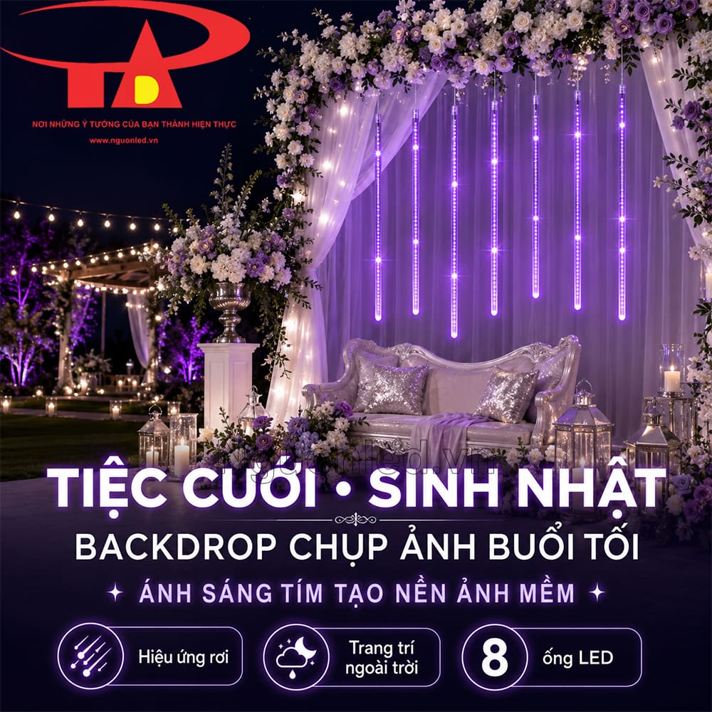 Đèn LED sao băng màu tím 8 ống 50cm dùng ngoài trời, dây và ống treo gọn trên khung trang trí