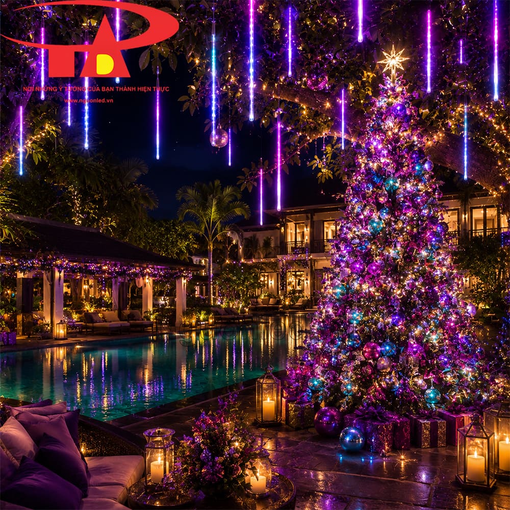 Đèn LED sao băng màu tím 8 ống 50cm trang trí resort, ánh sáng rơi nhẹ quanh sân và lối vào