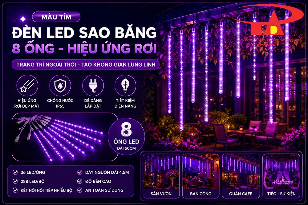Đèn sao băng tím ngoài trời treo trên khung trang trí, dây nguồn và ống đèn sắp xếp gọn