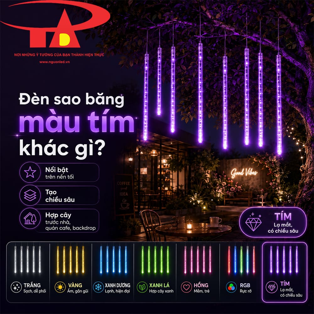 Đèn sao băng tím ngoài trời treo ở cổng nhà, sân vườn và mặt tiền khi lắp đúng cách