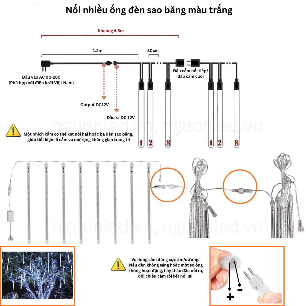 Cách nối các ống đèn LED sao băng ánh sáng trắng với nhau