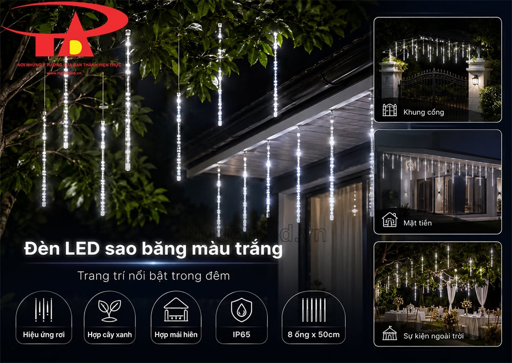Đèn LED sao băng ánh sáng trắng chất lượng, hiệu ứng sao rơi đẹp và ổn định khi trang trí
