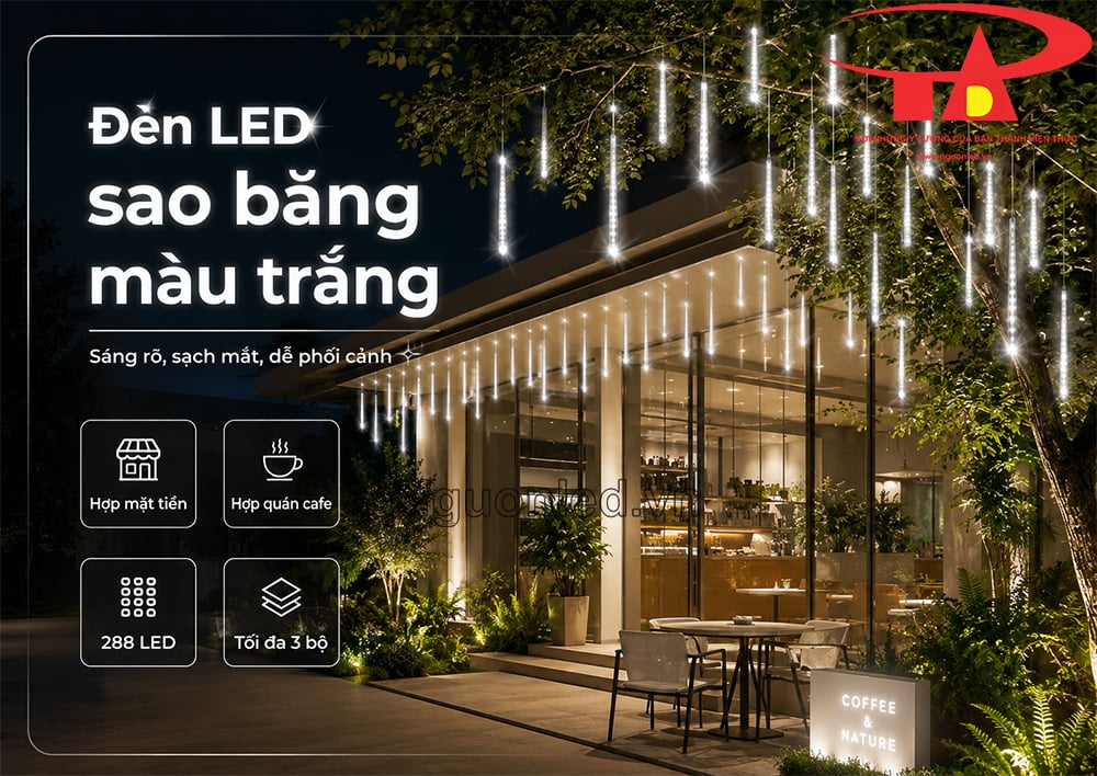 Đèn LED sao băng ánh sáng trắng loại tốt, ánh sáng đẹp, bền bỉ khi sử dụng trang trí ngoài trời