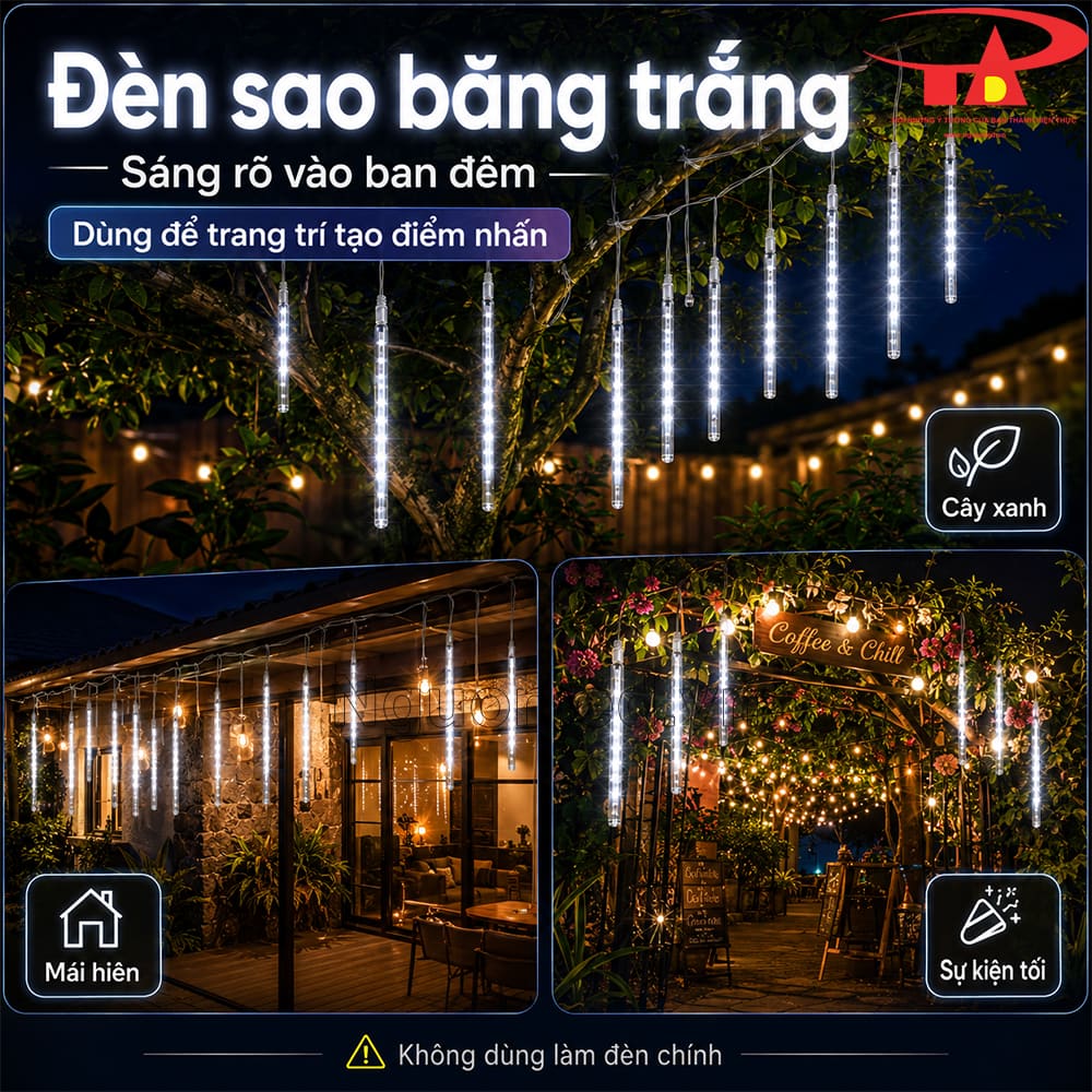 Đèn LED sao băng màu trắng có đủ sáng khi treo ngoài trời ban đêm không?