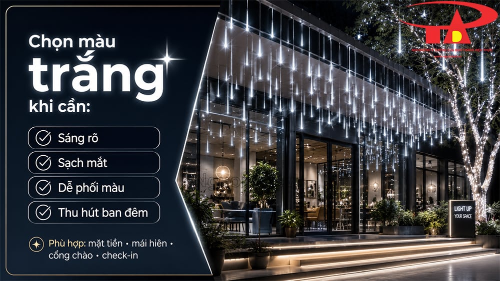 Đèn LED sao băng ánh sáng trắng trang trí quán cà phê, giúp không gian ban đêm lung linh và bắt mắt
